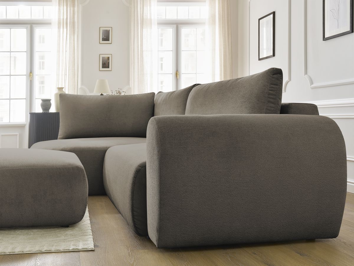 Bobochic Lucien Ecksofa mit Schlaffunktion und Bettkasten und Pouf 296 × 198 cm Stoff Taupe Ecke links