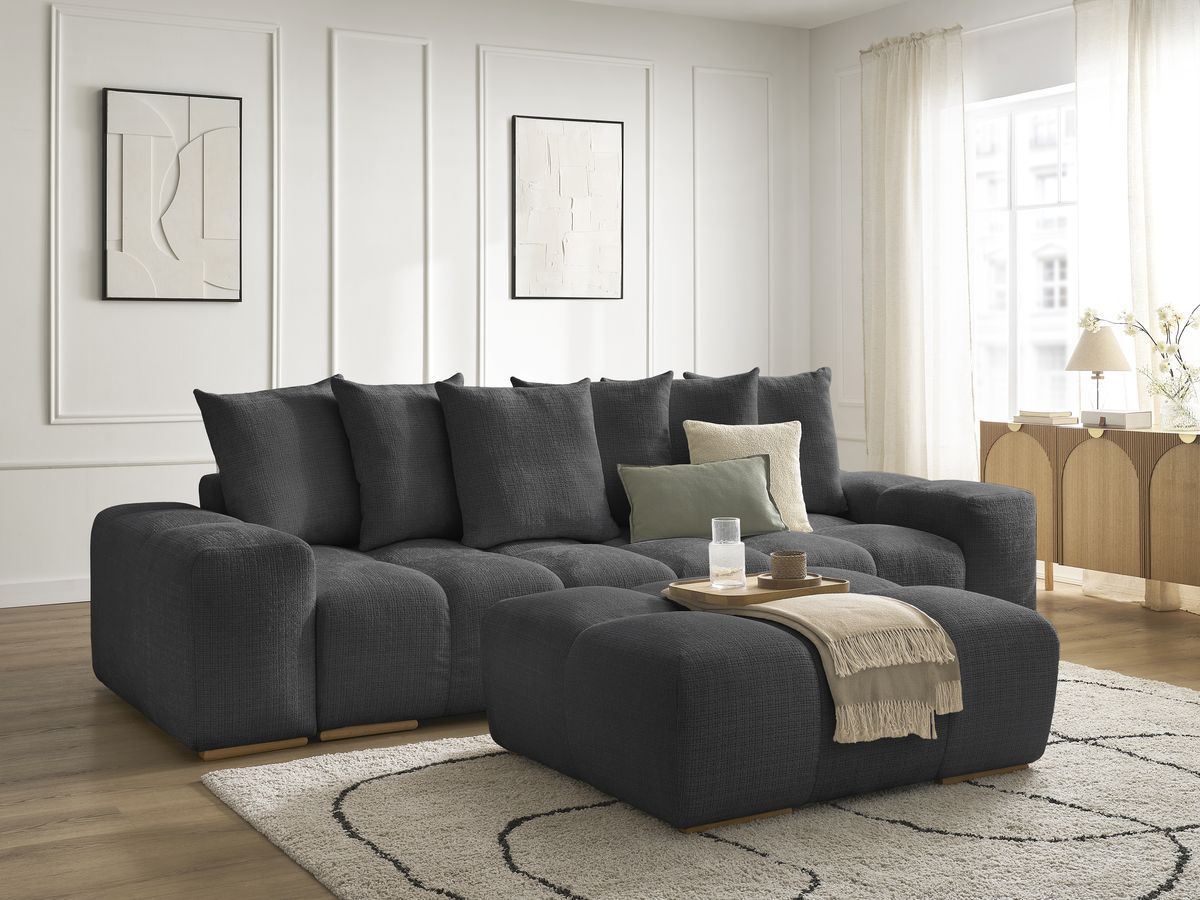 Bobochic Anakin Schlafsofa 3-Sitzer mit Bettkasten und Pouf, 6 Kissen Strukturstoff Schwarz