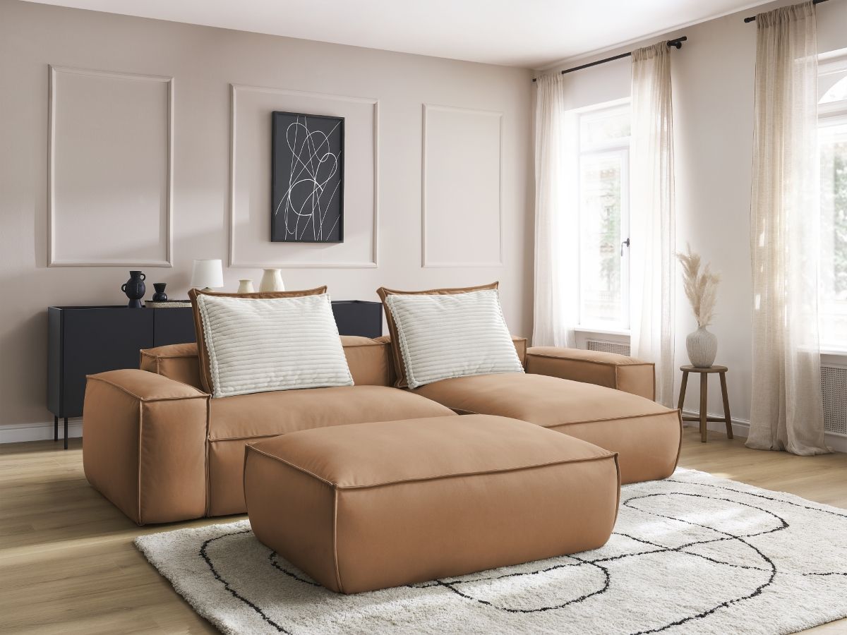 Bobochic Boheme Ecksofa mit Pouf Kunstleder Hellbraun