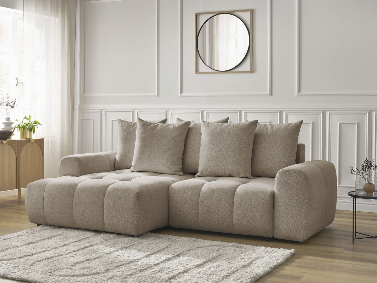 Bobochic Roxelane Ecksofa mit Schlaffunktion und Bettkasten 258 × 150 cm Melange-Stoff Taupe Ecke links