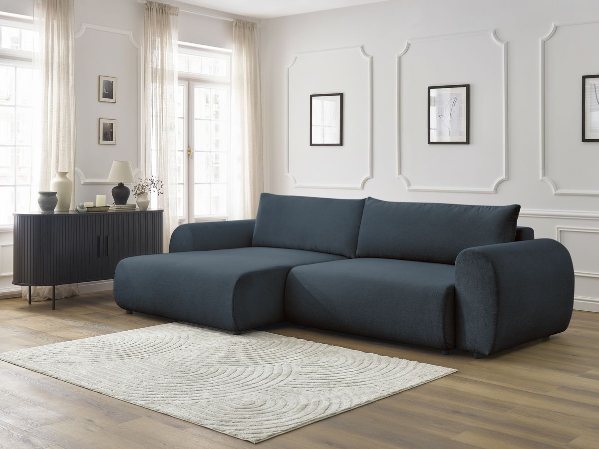 Bobochic Lucien Ecksofa mit Schlaffunktion und Bettkasten 314 × 167 cm Stoff Dunkelblau Ecke links