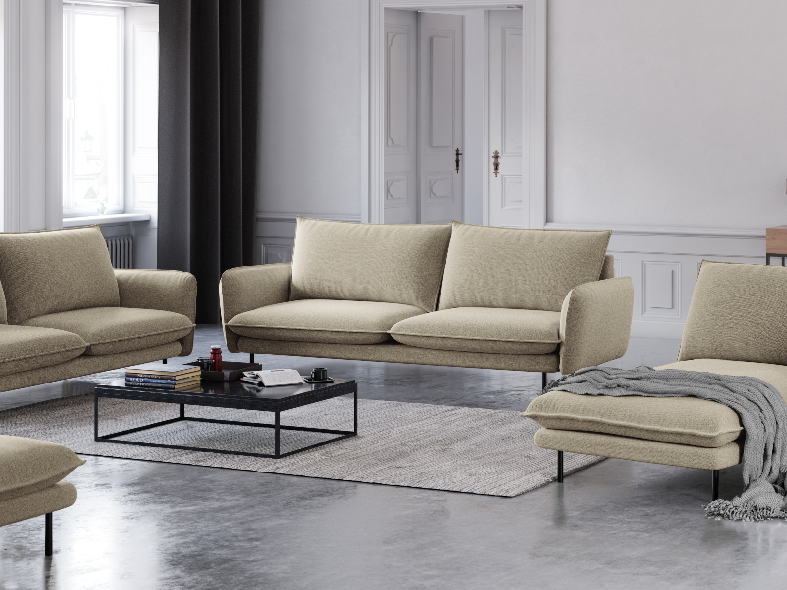 Cosmopolitan Design Sofa Vienna 4-Sitzer Strukturierter Stoff Positano Beige Beine Schwarzes Metall