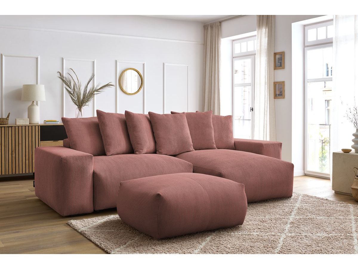 Bobochic Voltaire Ecksofa mit Schlaffunktion und Bettkasten und Pouf Cordsamt Rosa