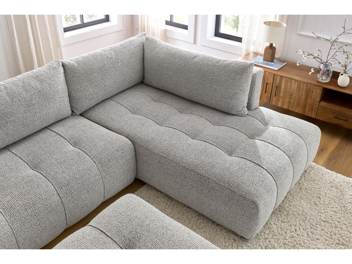 Bobochic Arsene Ecksofa mit Schlaffunktion und Bettkasten und Pouf 277 × 200 cm Melange-Stoff Hellgrau Ecke rechts