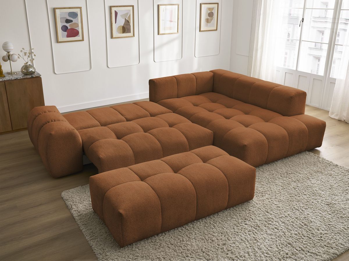 Bobochic Everest Ecksofa mit Schlaffunktion und Bettkasten und Pouf 320 × 212 cm, 5 Kissen Melange-Stoff Orange Ecke rechts