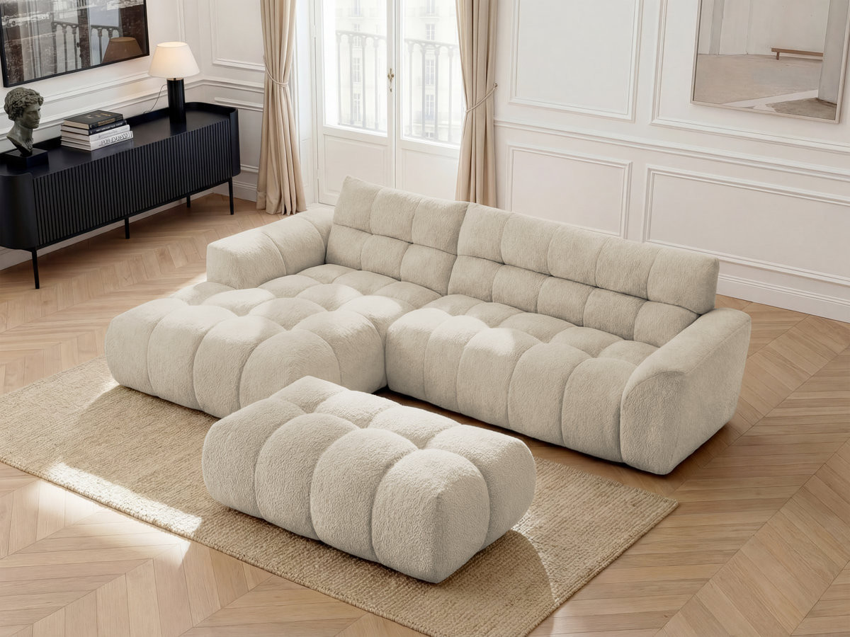Bobochic Jaya Ecksofa mit Pouf Chenille Beige Ecke links