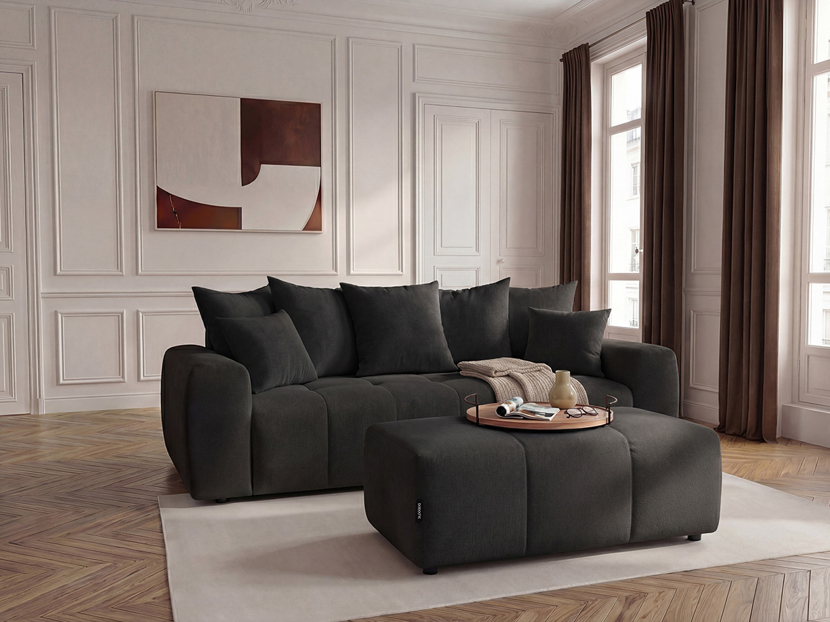 Bobochic Roxelane Schlafsofa 3-Sitzer mit Bettkasten und Pouf Melange-Stoff Dunkelgrau