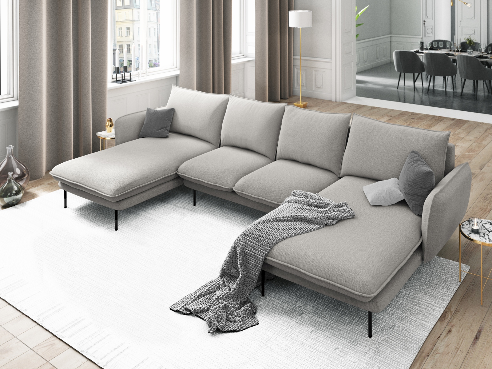 Cosmopolitan Design Panoramasofa Vienna 6-Sitzer Strukturierter Stoff Asgard/Positano Hellgrau Beine Schwarzes Metall