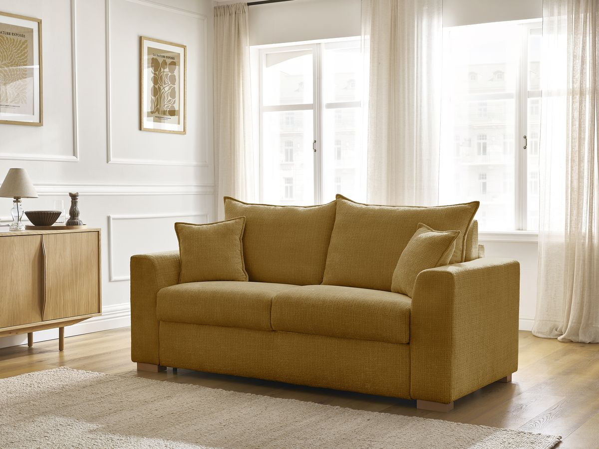 Bobochic Augustin Schlafsofa 3-Sitzer Strukturstoff Gelb, Liegefläche 140 × 200 cm