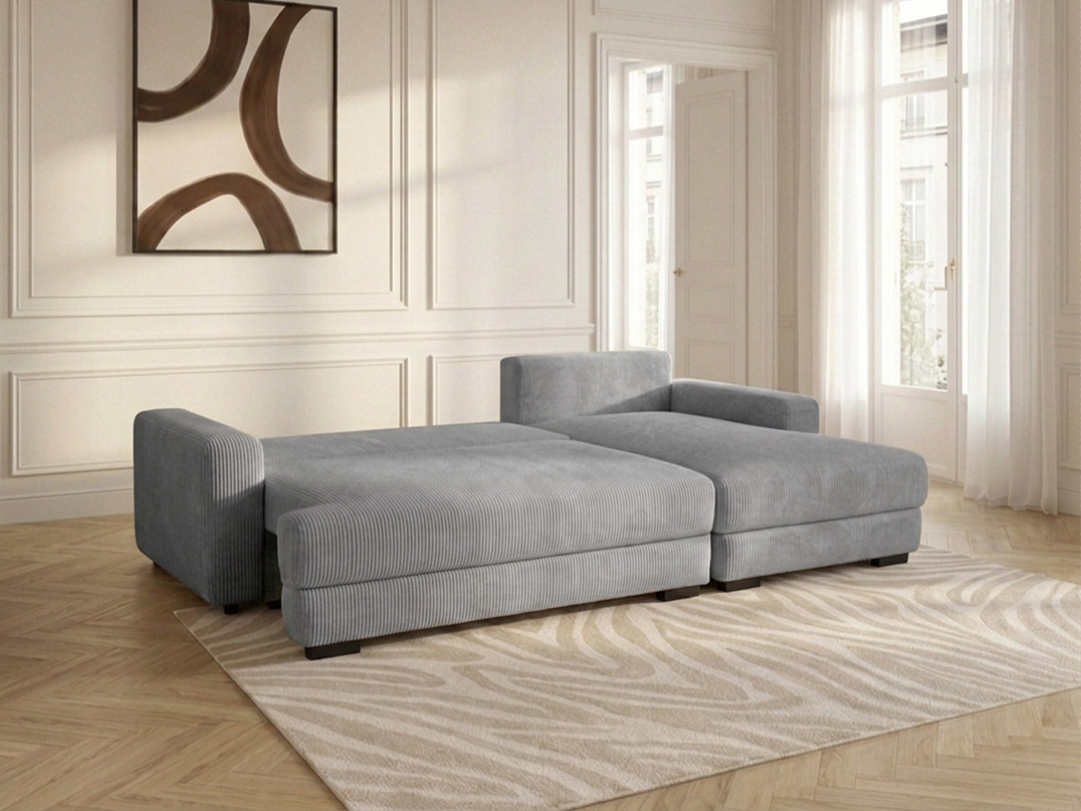 Bobochic Campi Ecksofa mit Schlaffunktion und Bettkasten Cordsamt Hellgrau Ecke rechts