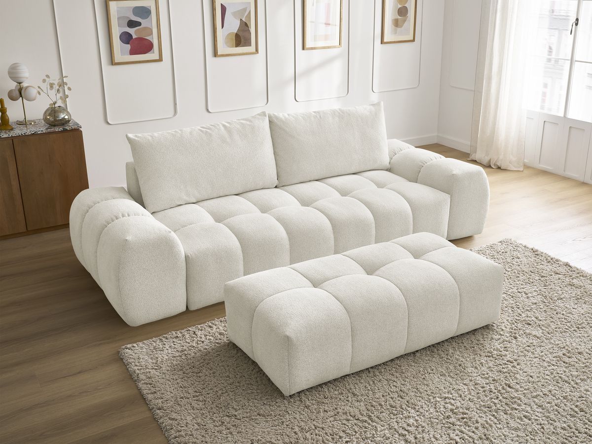 Bobochic Everest Sofa 3-Sitzer mit Pouf, 2 Kissen Melange-Stoff Weiß