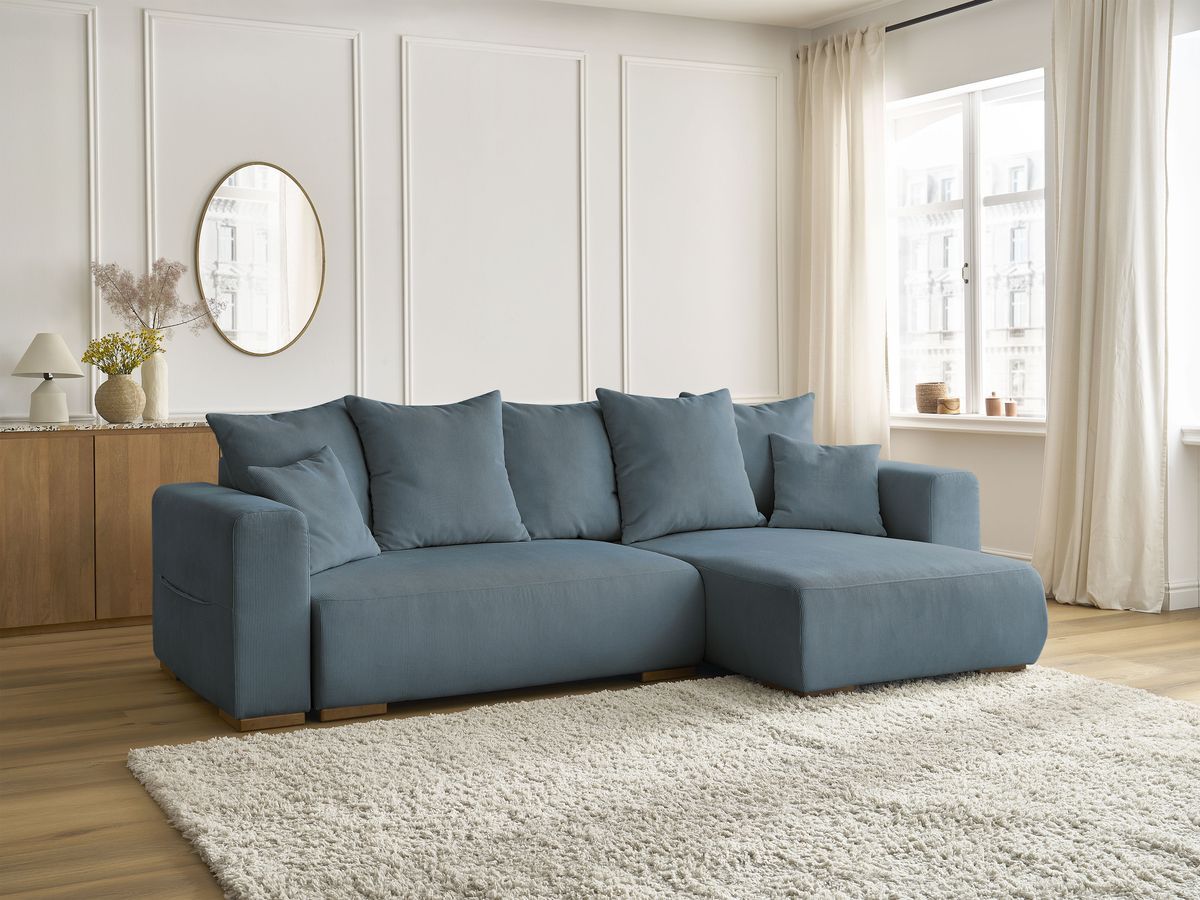 Bobochic Sidonie Ecksofa mit Schlaffunktion und Bettkasten Cordsamt Dunkelblau
