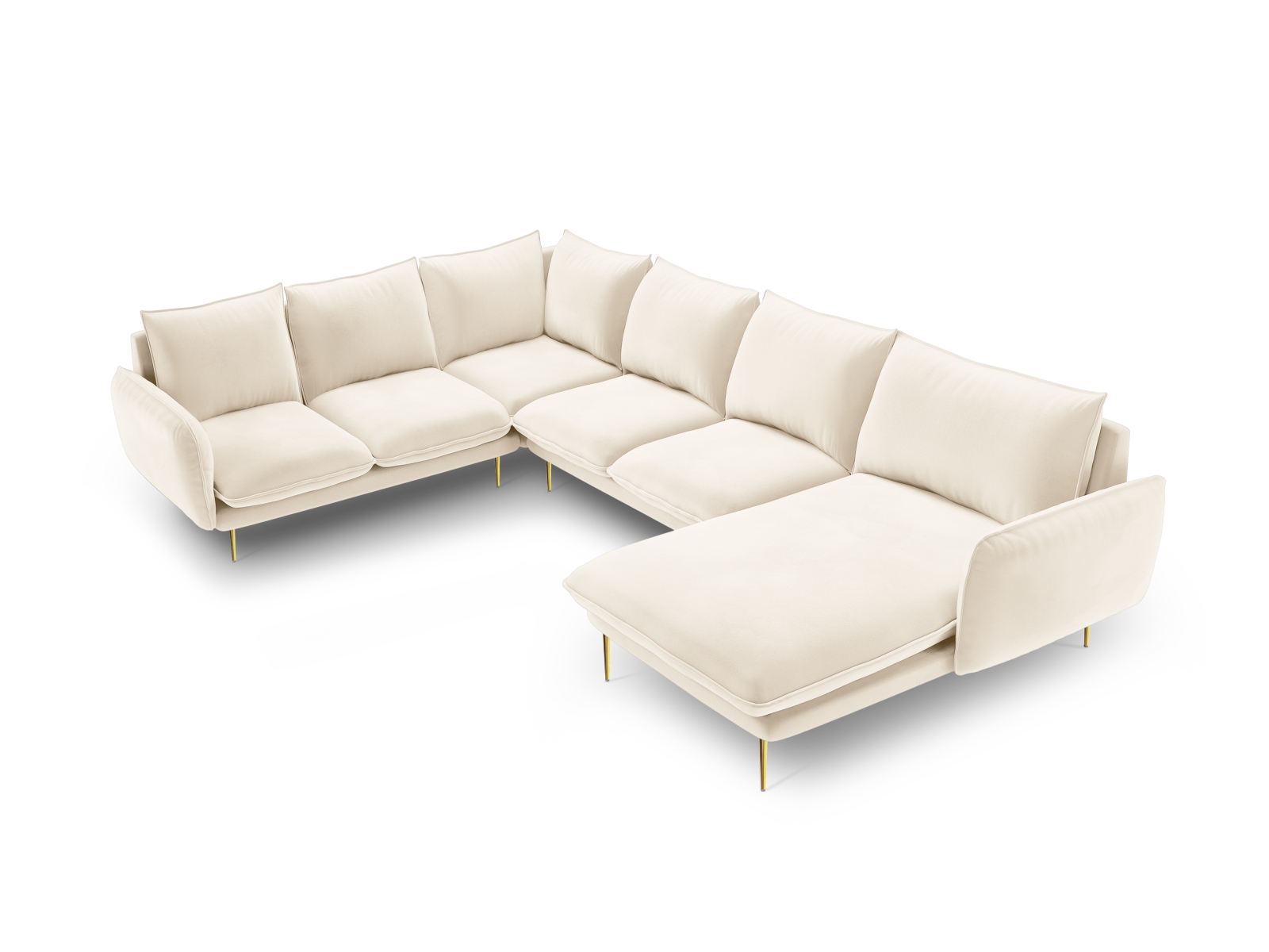 Cosmopolitan Design Panoramasofa Vienna 7-Sitzer Samt Bluvel Helles Beige Links Beine Gold