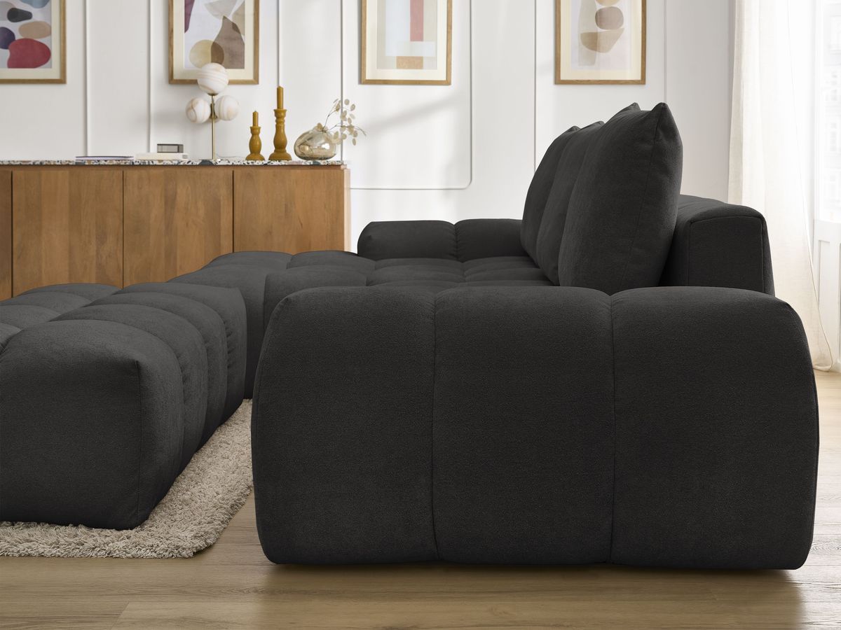 Bobochic Everest Ecksofa mit Schlaffunktion und Bettkasten und Pouf 318 × 180 cm, 3 Kissen Strukturstoff Schwarz Ecke links