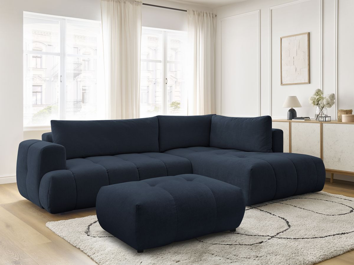 Bobochic Fuji Ecksofa mit Schlaffunktion und Bettkasten und Pouf 282 × 204 cm Stoff Dunkelblau Ecke rechts