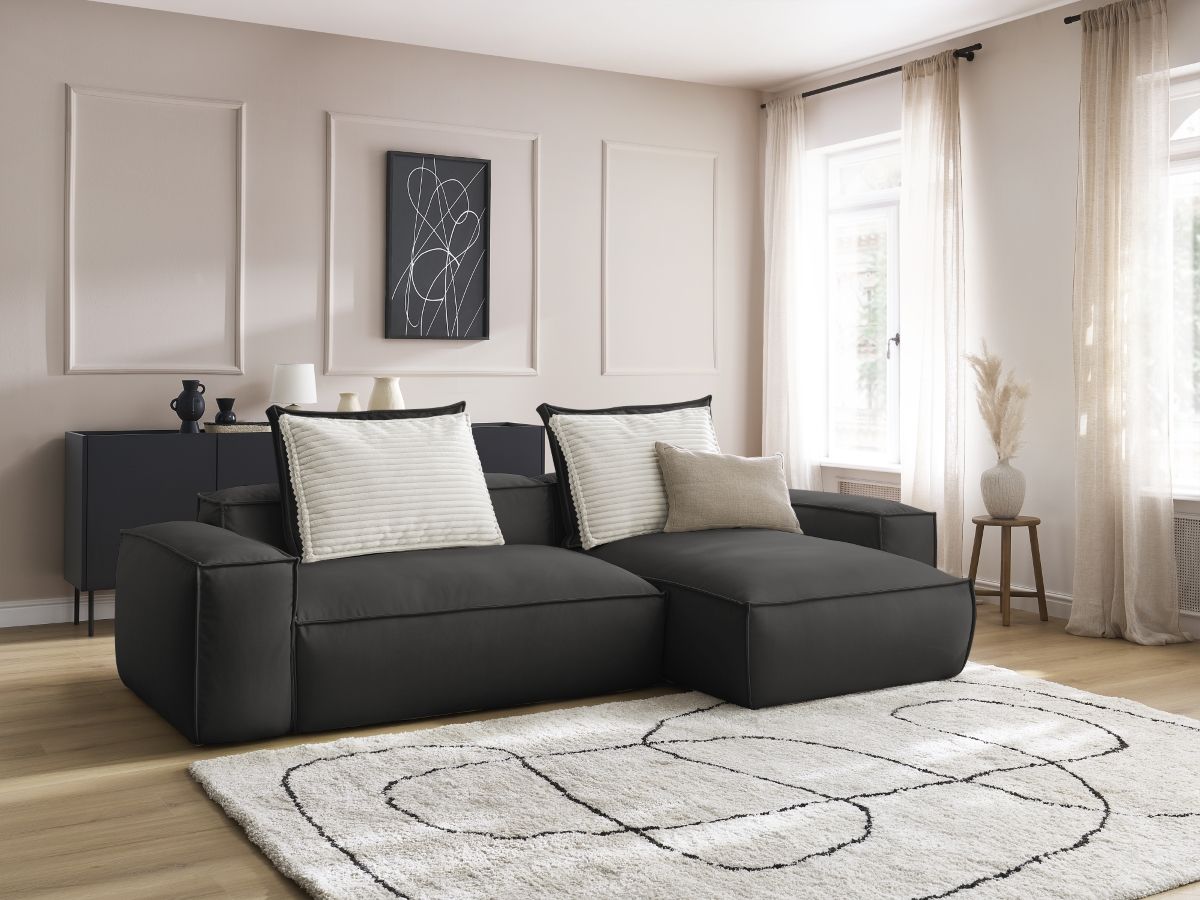 Bobochic Boheme Ecksofa, 3 Kissen Kunstleder Schwarz