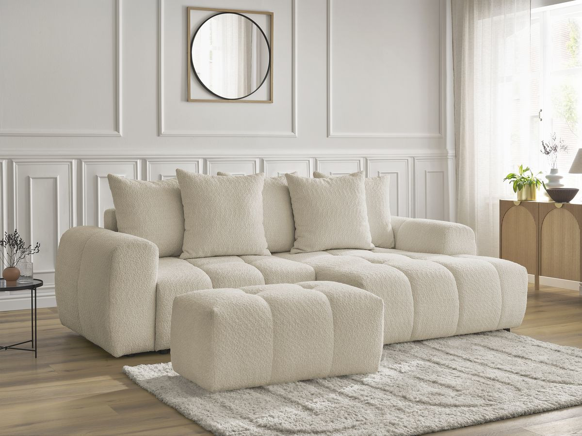 Bobochic Roxelane Ecksofa mit Schlaffunktion und Bettkasten und Pouf 258 × 150 cm Bouclé-Stoff Beige Ecke rechts
