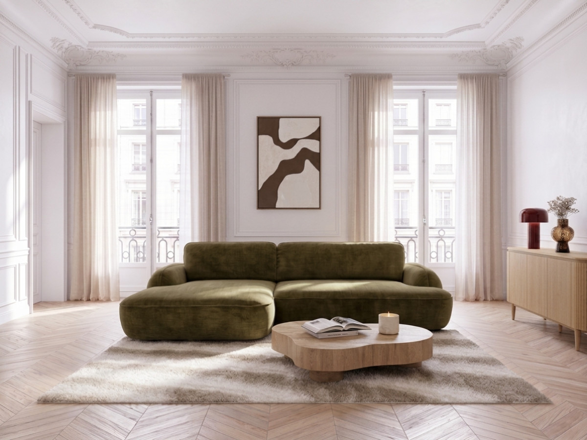 Bobochic Celeste Ecksofa mit Schlaffunktion und Bettkasten Stoff Grün Ecke links