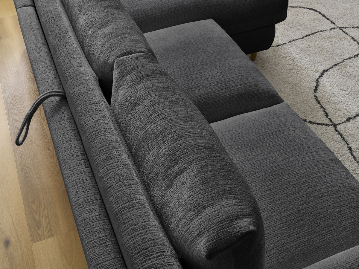 Bobochic Cocoone Ecksofa mit Schlaffunktion und Bettkasten Strukturstoff Schwarz, Liegefläche 140 × 200 cm