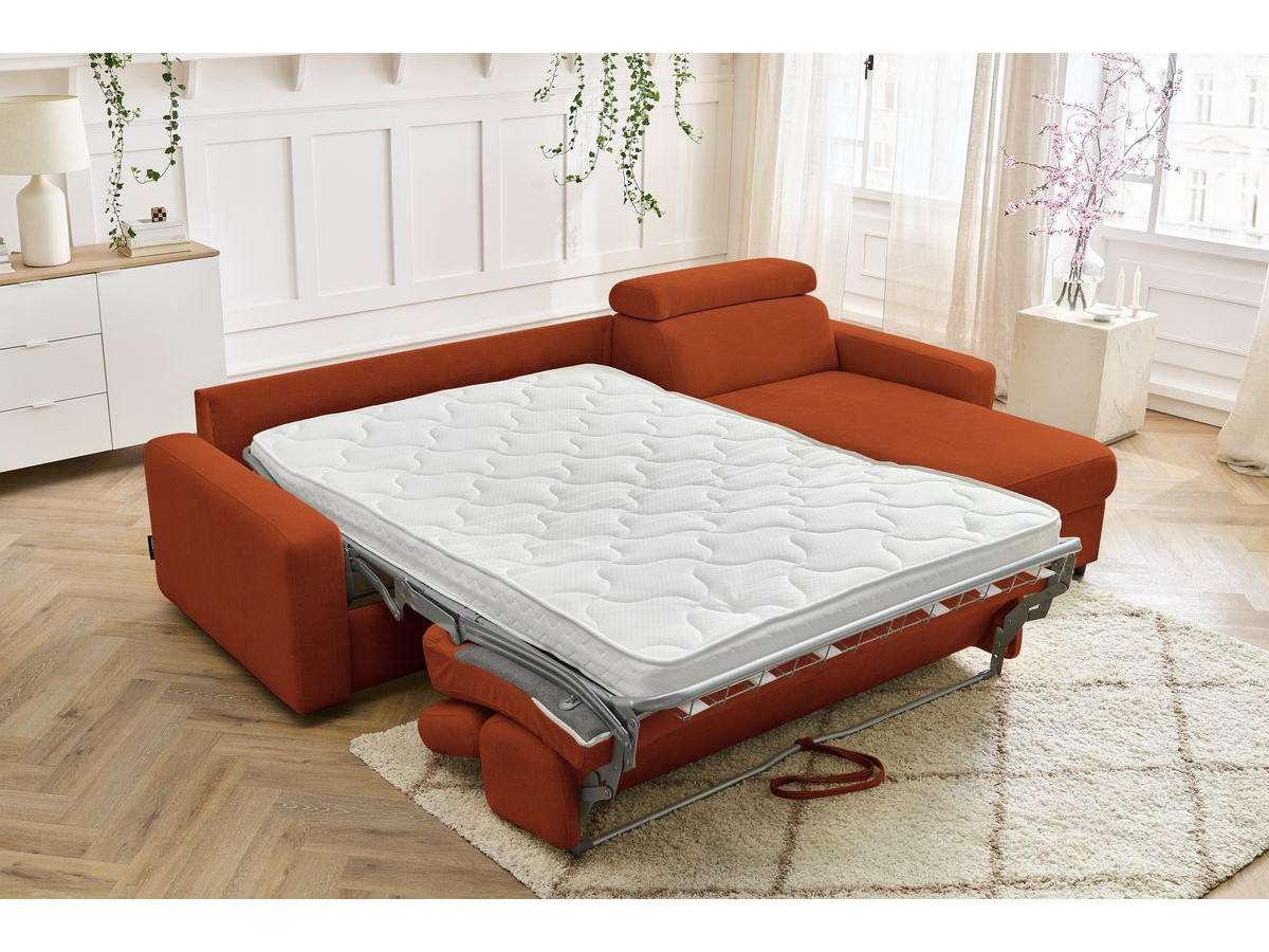 Bobochic Monaco Ecksofa mit Schlaffunktion und Bettkasten Stoff Orange, Liegefläche 160 × 190 cm