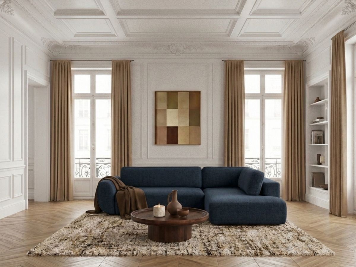 Bobochic Denise Ecksofa mit Schlaffunktion und Bettkasten 256 × 197 cm Strukturstoff Dunkelblau Ecke rechts