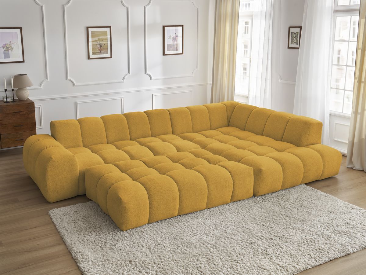 Bobochic Everest Ecksofa mit Schlaffunktion und Pouf, 10 Kissen Melange-Stoff Gelb Ecke rechts