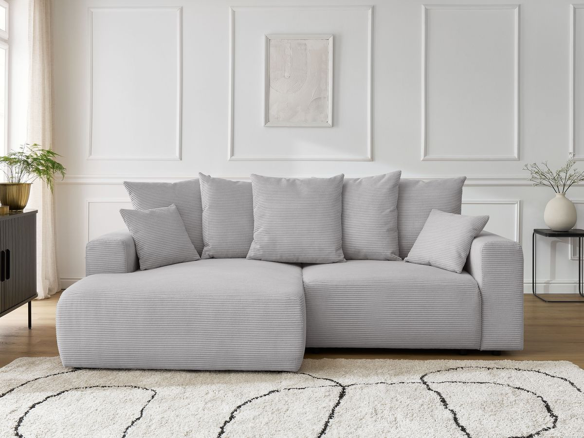 Bobochic Atilla Ecksofa mit Schlaffunktion und Bettkasten Cordsamt Hellgrau Ecke links