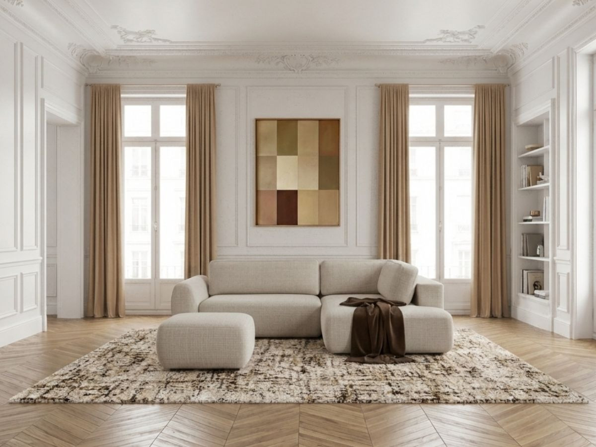 Bobochic Denise Ecksofa mit Schlaffunktion und Bettkasten und Pouf 256 × 197 cm Strukturstoff Beige Ecke rechts