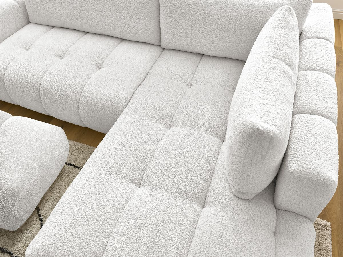 Bobochic Fuji Ecksofa mit Schlaffunktion und Bettkasten und Pouf 282 × 204 cm Bouclé-Stoff Weiß Ecke rechts