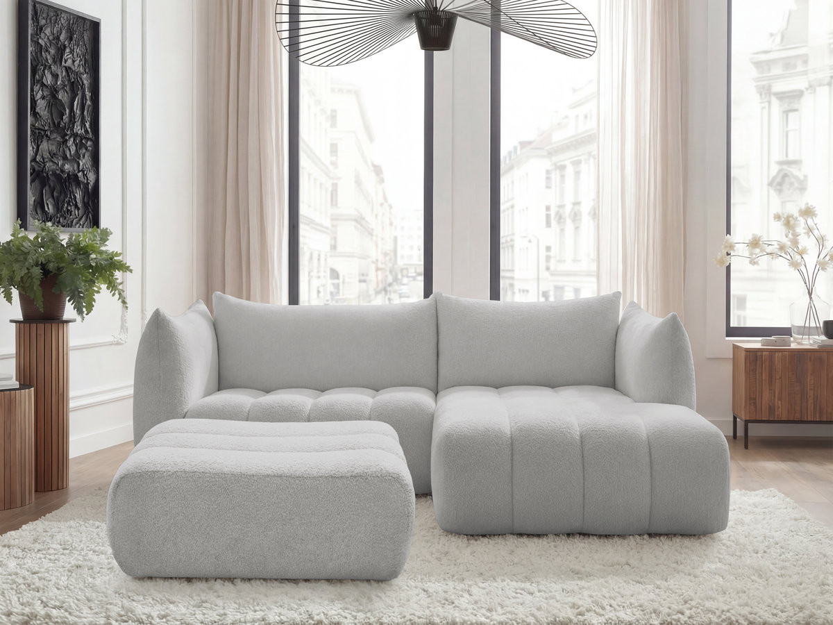 Bobochic Azra Ecksofa mit Pouf 262 × 178 cm Bouclé-Stoff Hellgrau Ecke rechts