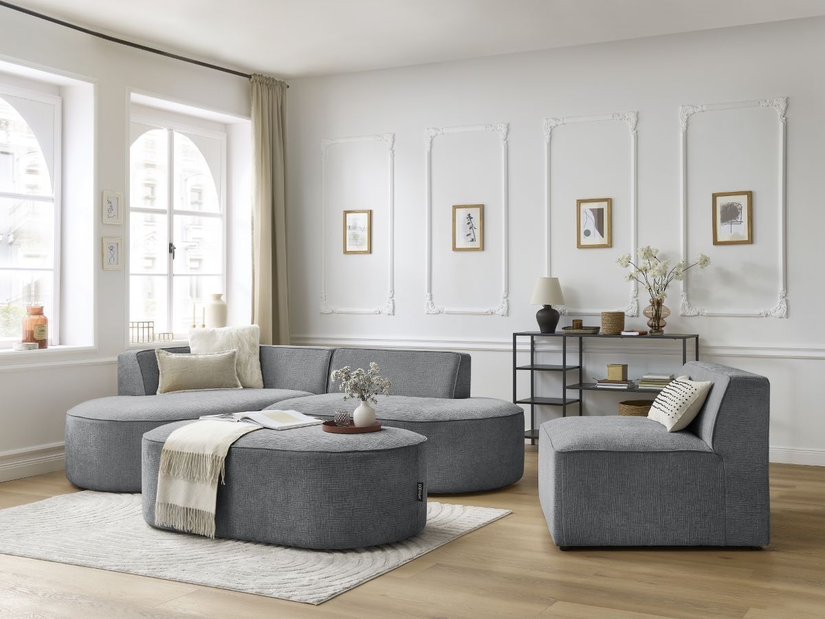 Bobochic Rousseau Ecksofa mit Sofamodul und Pouf Strukturstoff Dunkelgrau Ecke links