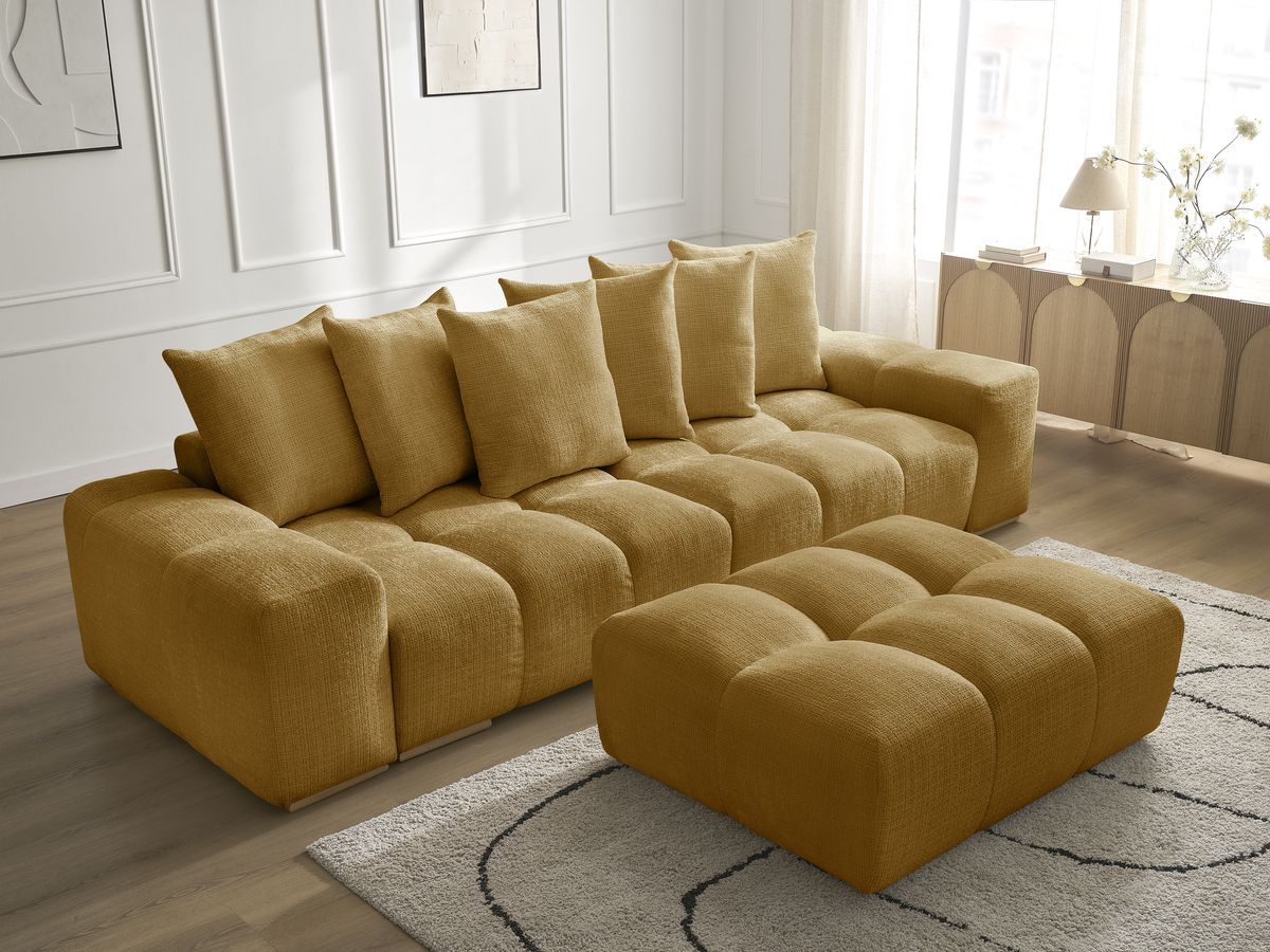 Bobochic Anakin Sofa 3-Sitzer mit Pouf, 6 Kissen Strukturstoff Gelb