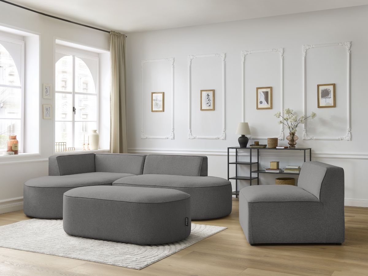 Bobochic Rousseau Ecksofa mit Sofamodul und Pouf Melange-Stoff Dunkelgrau Ecke links