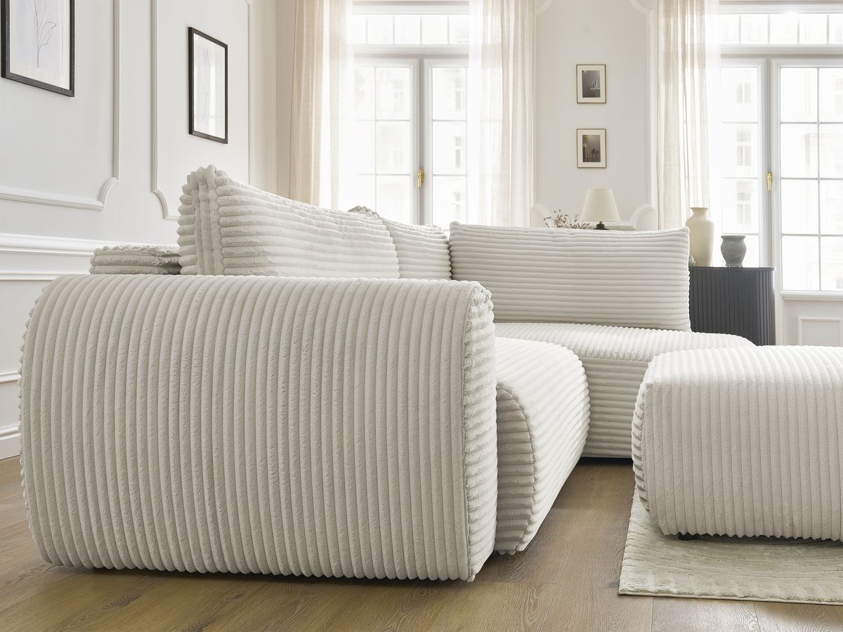 Bobochic Lucien Ecksofa mit Schlaffunktion und Bettkasten und Pouf 296 × 198 cm Breitcord weich Beige Ecke rechts