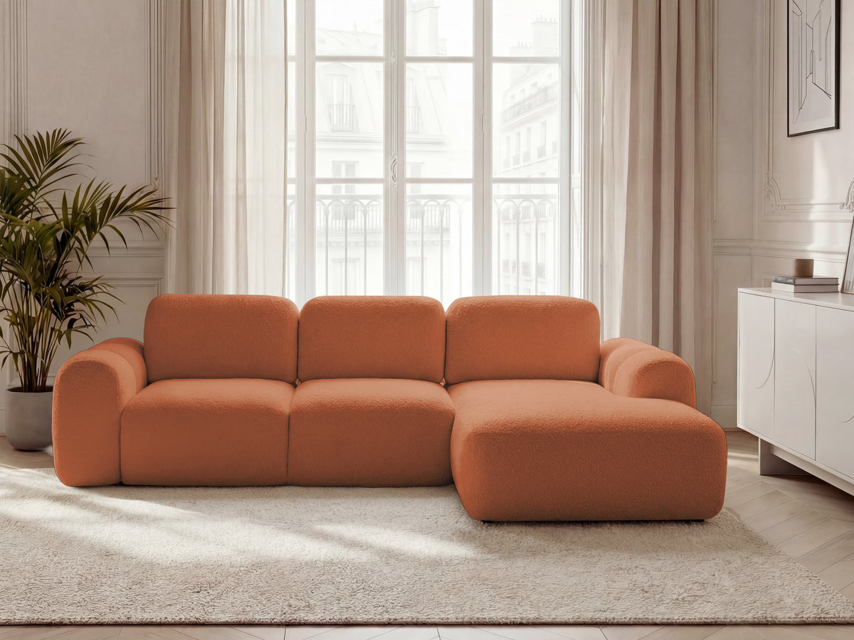 Bobochic Montaigne Ecksofa mit Schlaffunktion und Bettkasten 276 × 164 cm Bouclé-Stoff Orange Ecke rechts