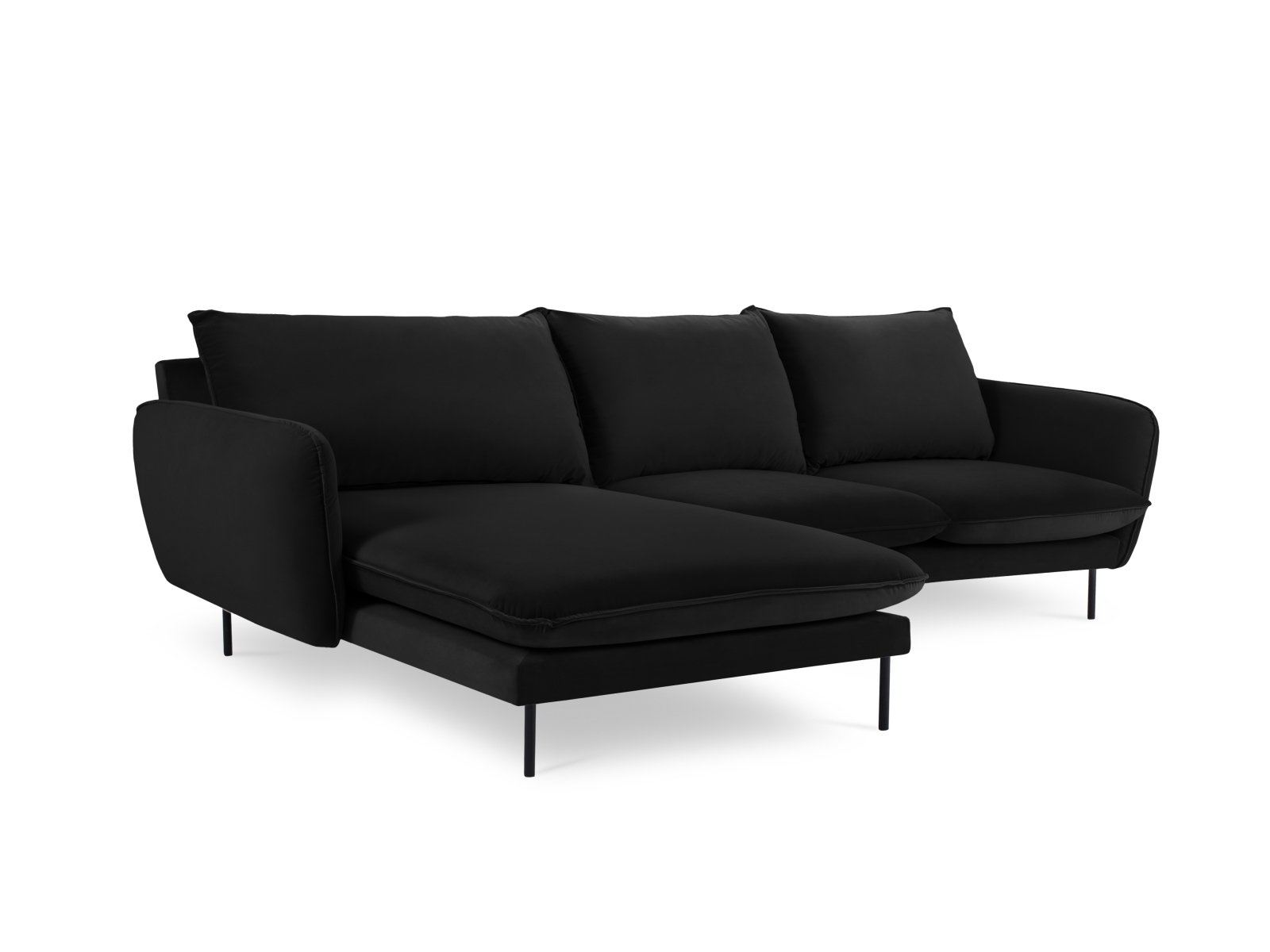 Cosmopolitan Design Ecksofa Vienna 5-Sitzer Samt Bluvel Schwarz Links Beine Schwarzes Metall