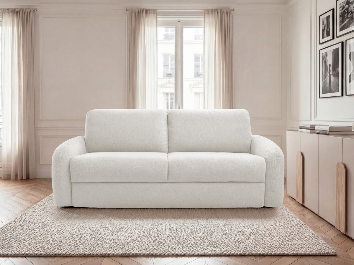 Bobochic Kenan Schlafsofa 3-Sitzer Bouclé-Stoff Weiß, Liegefläche 140 × 196 cm