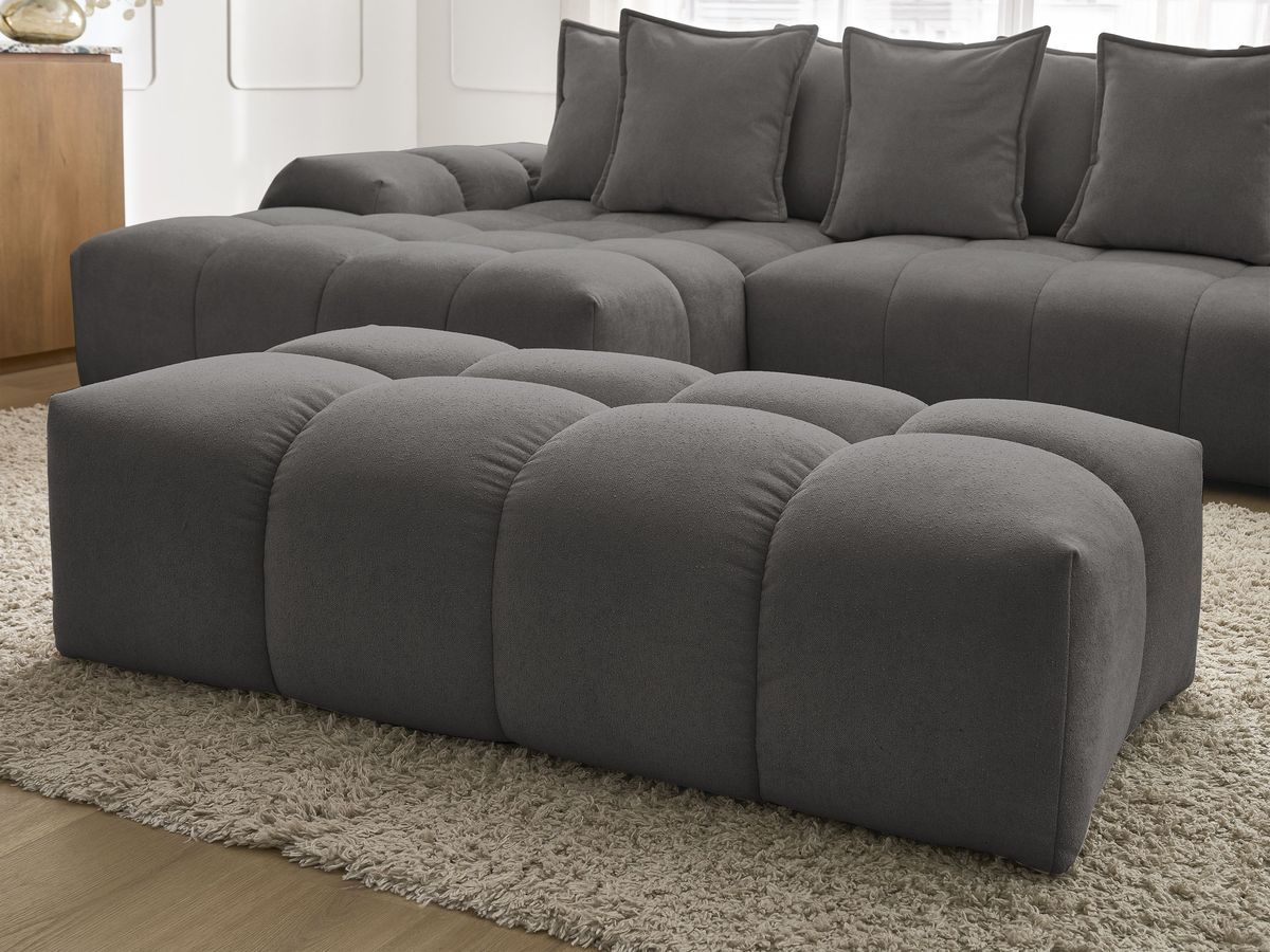Bobochic Everest Ecksofa mit Schlaffunktion und Bettkasten und Pouf 318 × 180 cm, 7 Kissen Strukturstoff Dunkelgrau Ecke links