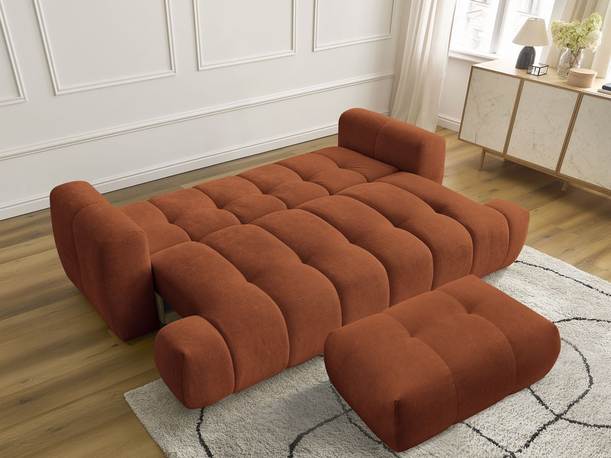 Bobochic Fuji Schlafsofa 3-Sitzer mit Bettkasten und Pouf Stoff Orange