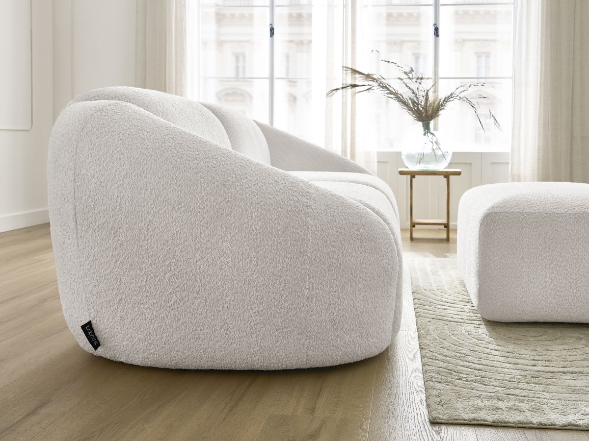 Bobochic Tina Sofa 3-Sitzer mit Pouf Bouclé-Stoff Weiß