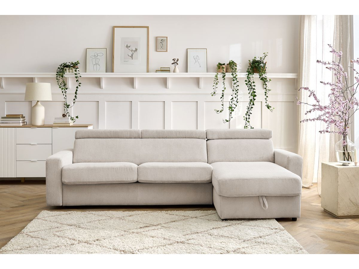 Bobochic Monaco Ecksofa mit Schlaffunktion und Bettkasten Cordsamt Beige, Liegefläche 140 × 190 cm
