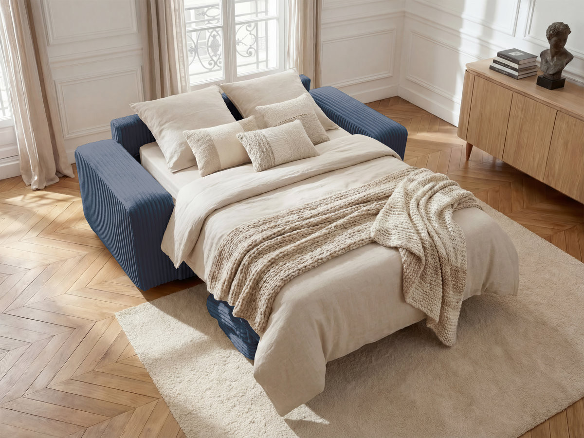 Bobochic Ibiza Schlafsofa 3-Sitzer Cordsamt Dunkelblau, Liegefläche 160 × 196 cm