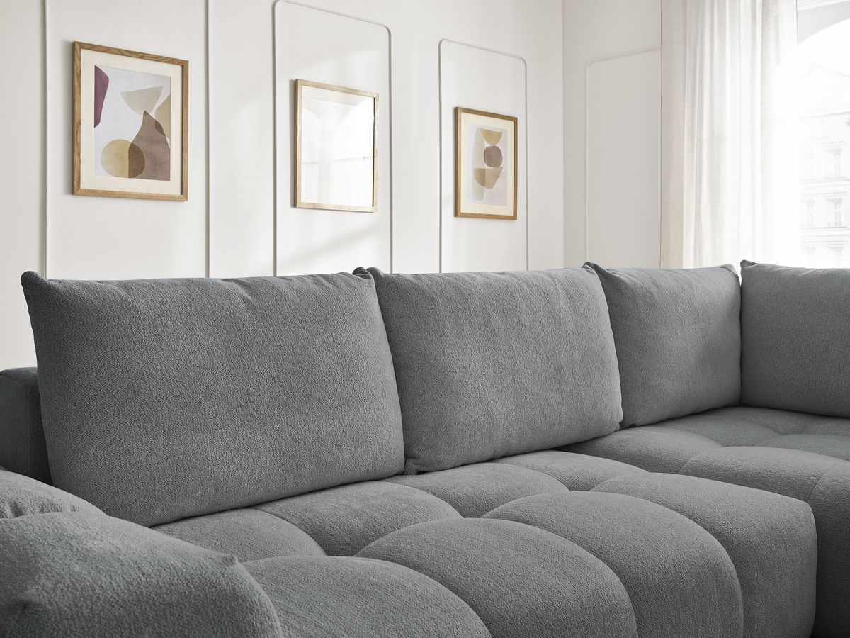 Bobochic Everest Ecksofa mit Schlaffunktion und Bettkasten 320 × 212 cm, 5 Kissen Melange-Stoff Dunkelgrau Ecke rechts