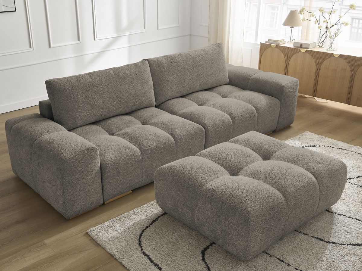 Bobochic Anakin Sofa 3-Sitzer mit Pouf, 2 Kissen Bouclé-Stoff Taupe