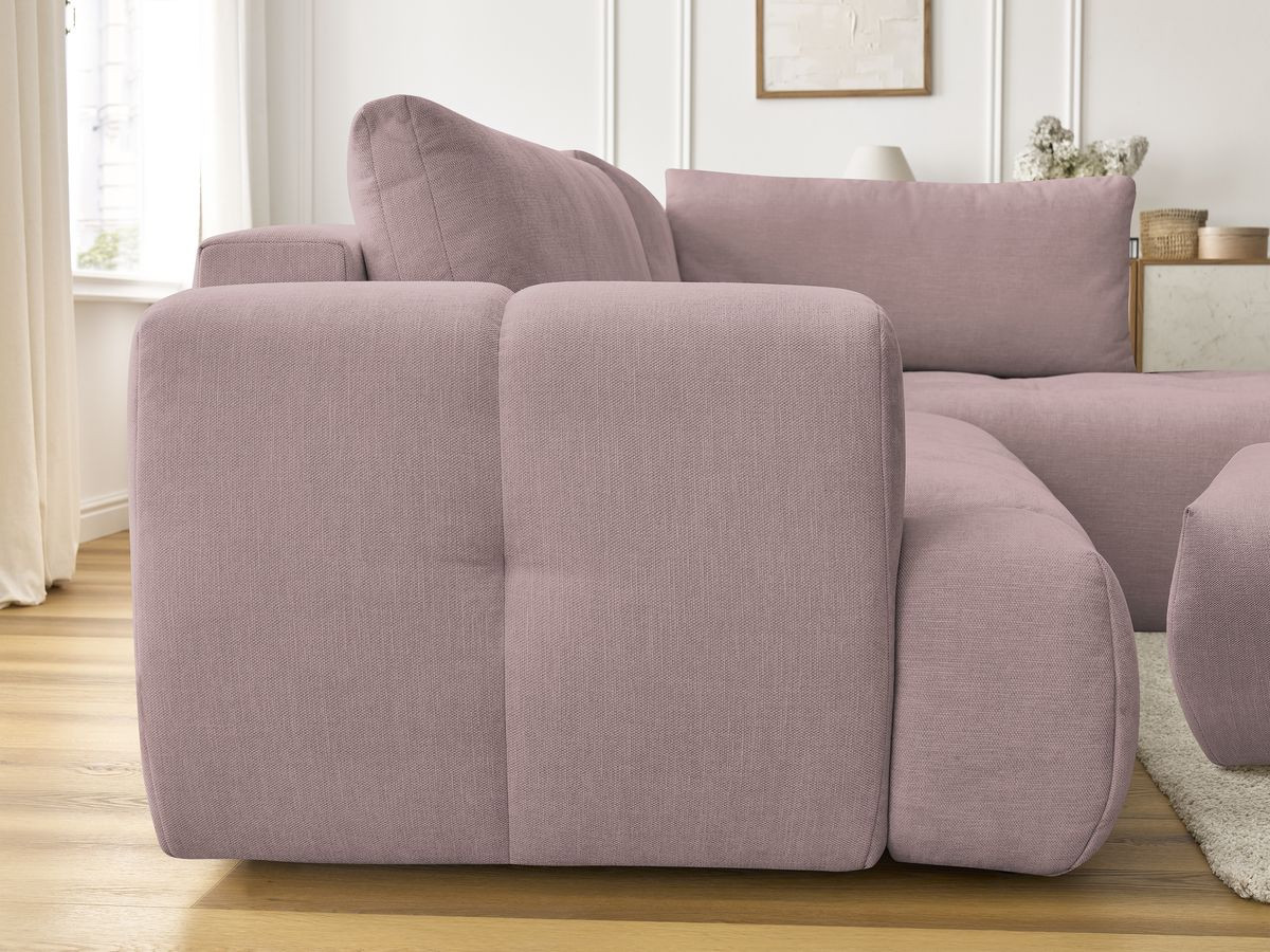 Bobochic Fuji Ecksofa mit Schlaffunktion und Bettkasten und Pouf 282 × 204 cm Stoff Rosa Ecke rechts