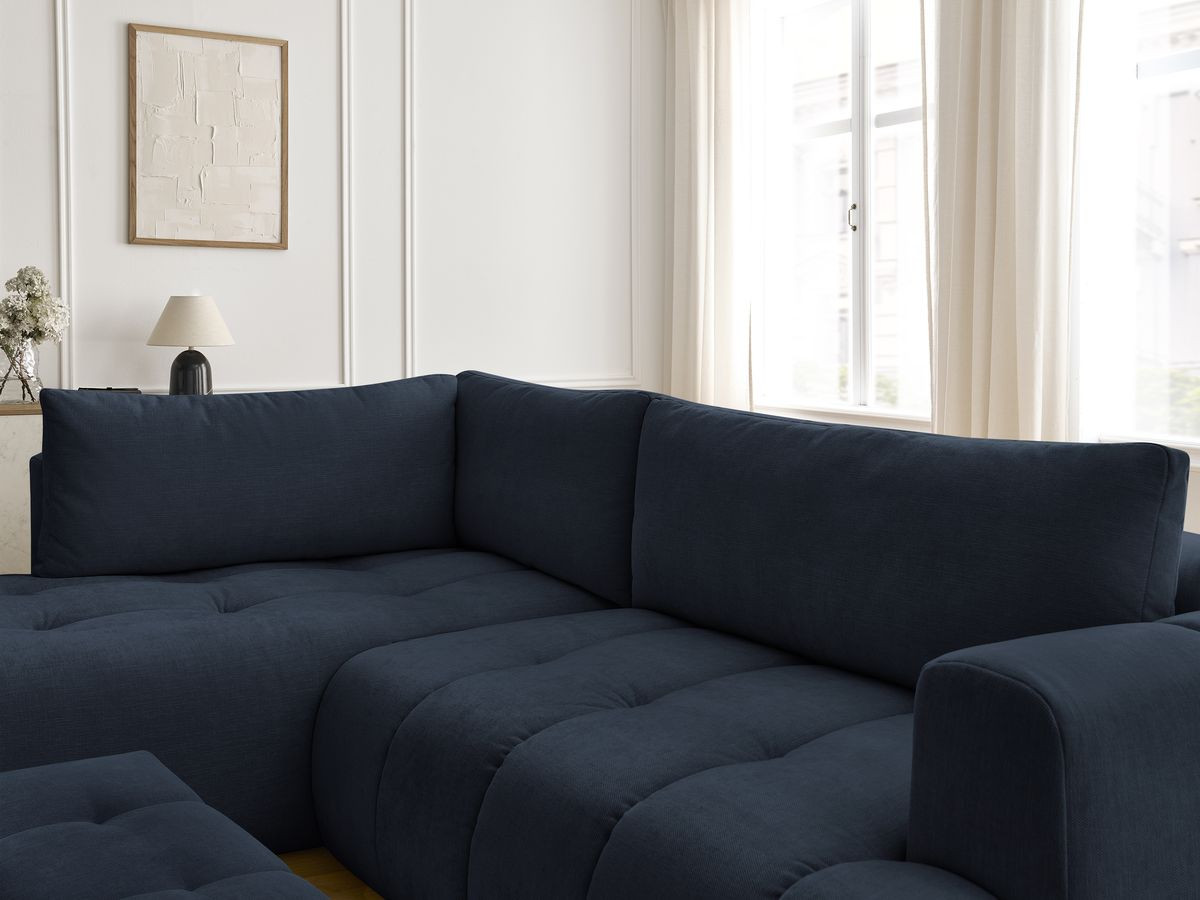 Bobochic Fuji Ecksofa mit Schlaffunktion und Bettkasten und Pouf 282 × 204 cm Stoff Dunkelblau Ecke links