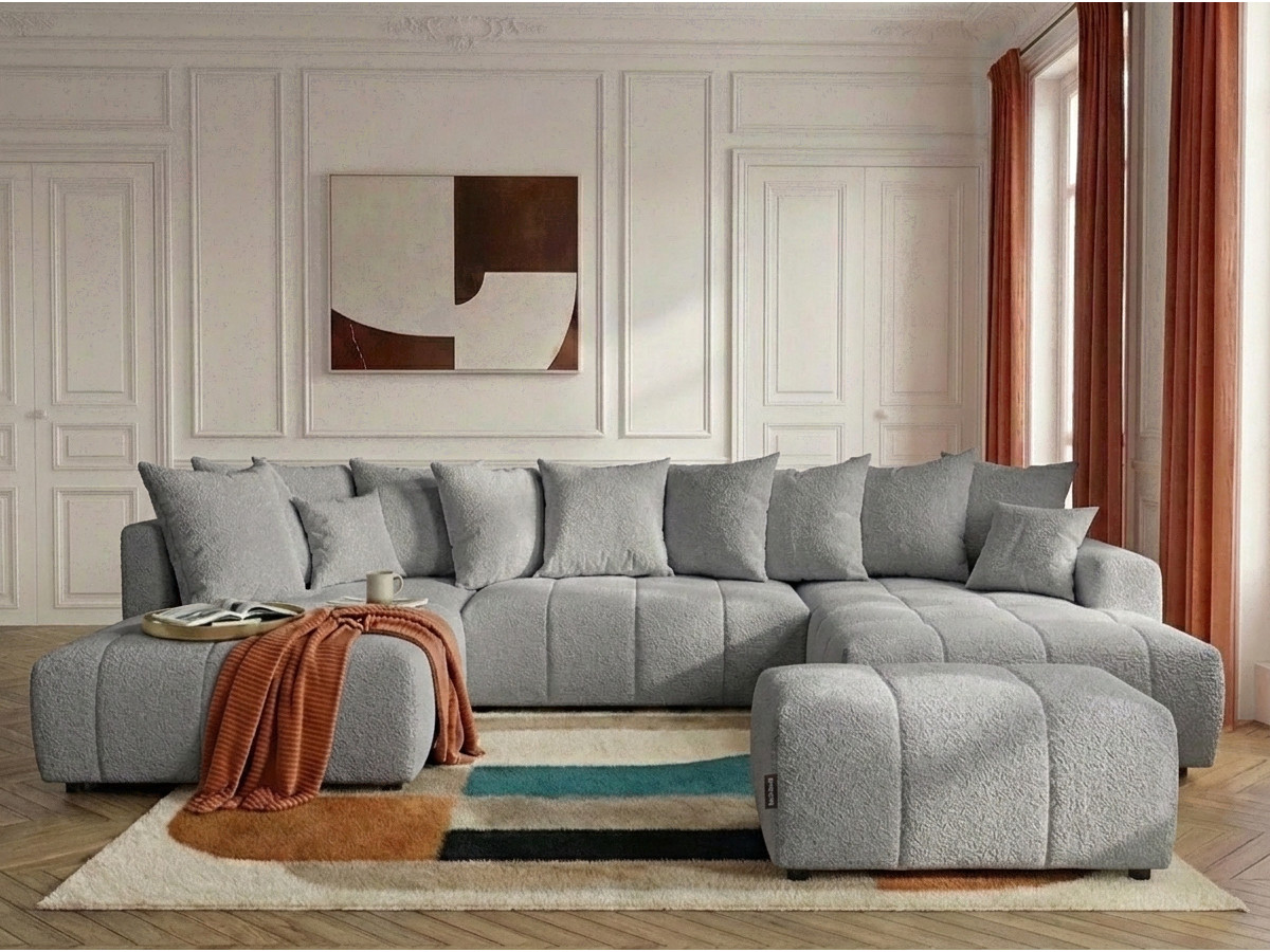 Bobochic Roxelane Wohnlandschaft mit Pouf Bouclé-Stoff Hellgrau Ecke rechts