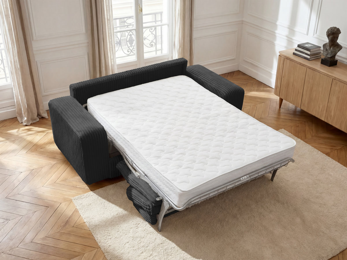 Bobochic Ibiza Schlafsofa 3-Sitzer Cordsamt Schwarz, Liegefläche 160 × 196 cm