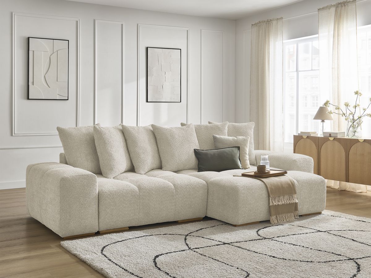 Bobochic Anakin Ecksofa, 6 Kissen Bouclé-Stoff Beige