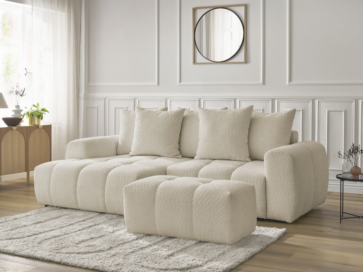 Bobochic Roxelane Ecksofa mit Schlaffunktion und Bettkasten und Pouf 258 × 150 cm Bouclé-Stoff Beige Ecke links